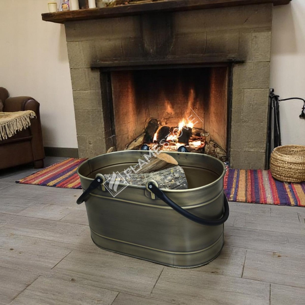 Çift Kulplu Gold Oval Odun Kovası, Dayanıklı Metal Şömine Odunluğu, Dekoratif ve Taşınabilir