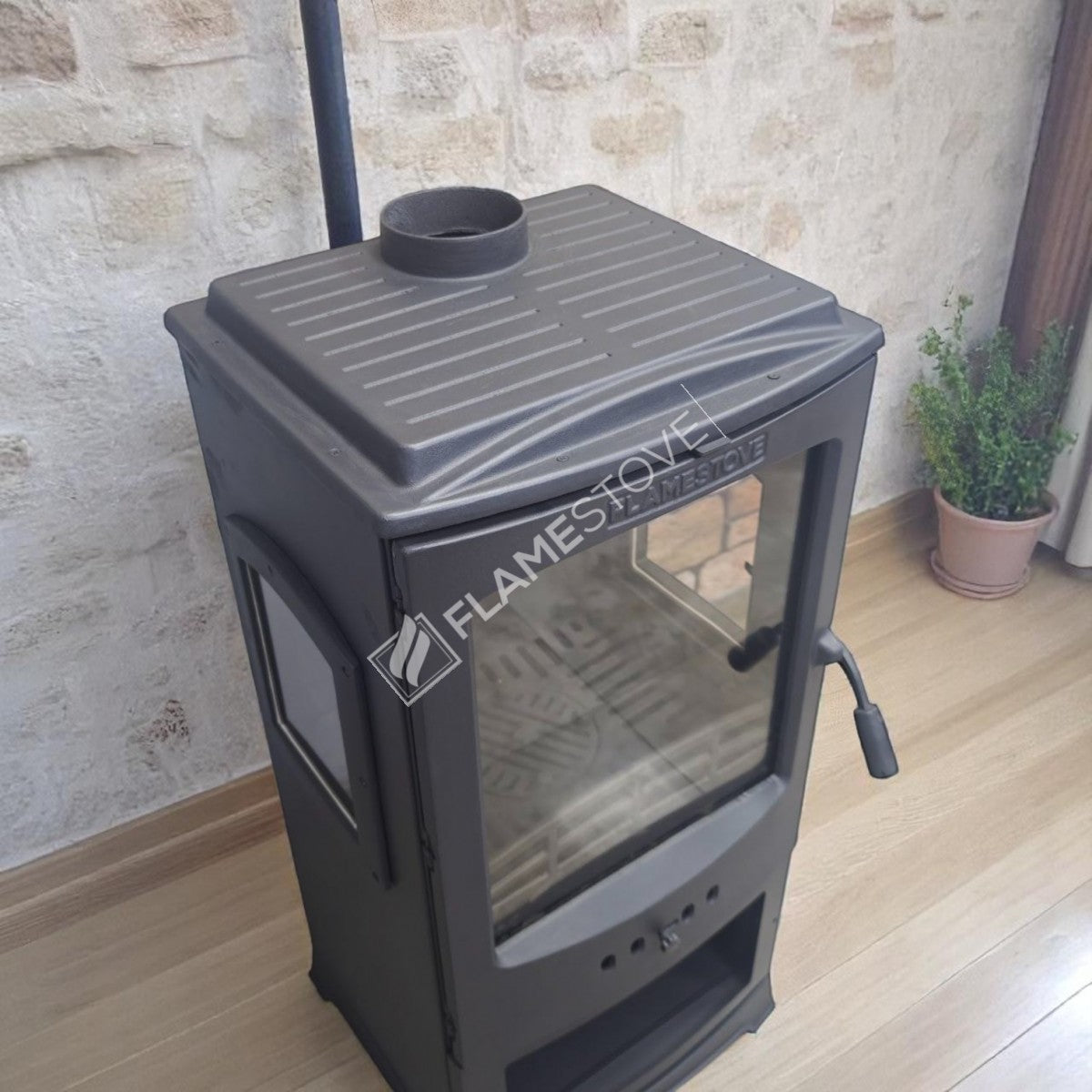 Flame Stove Lodi Yan Camlı Çift Yanmalı A Sınıfı Odunluklu Çelik Şömine Soba