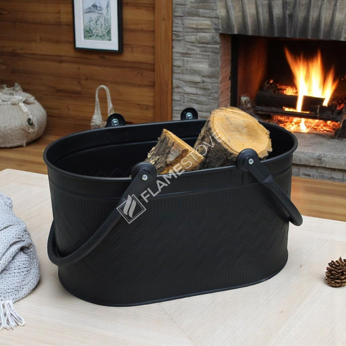 Dayanıklı Mat Siyah Oval Odun Kovası, Çift Kulplu, İç ve Dış Mekan Kullanımı