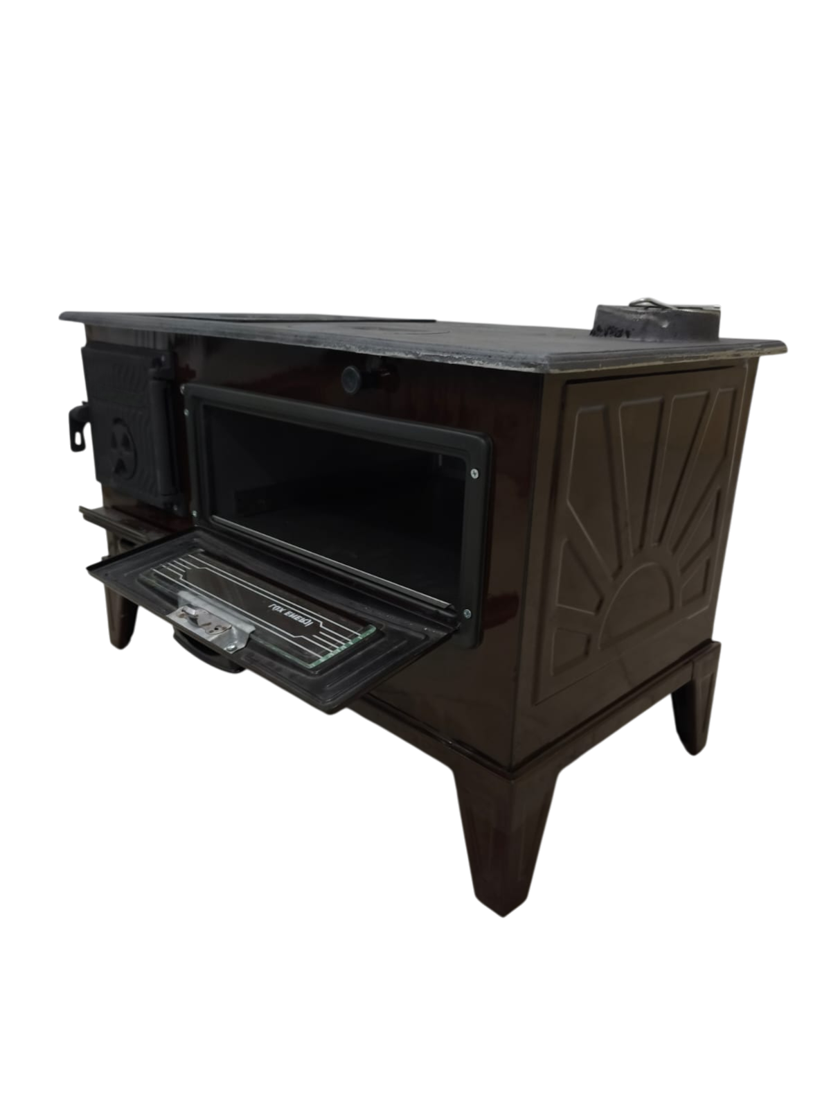 FS-321 - 40’lık Kare Çıkmalı Kuzine Soba | Fırınlı Döküm Kuzine | Emayeli Kahverengi Kuzine Soba