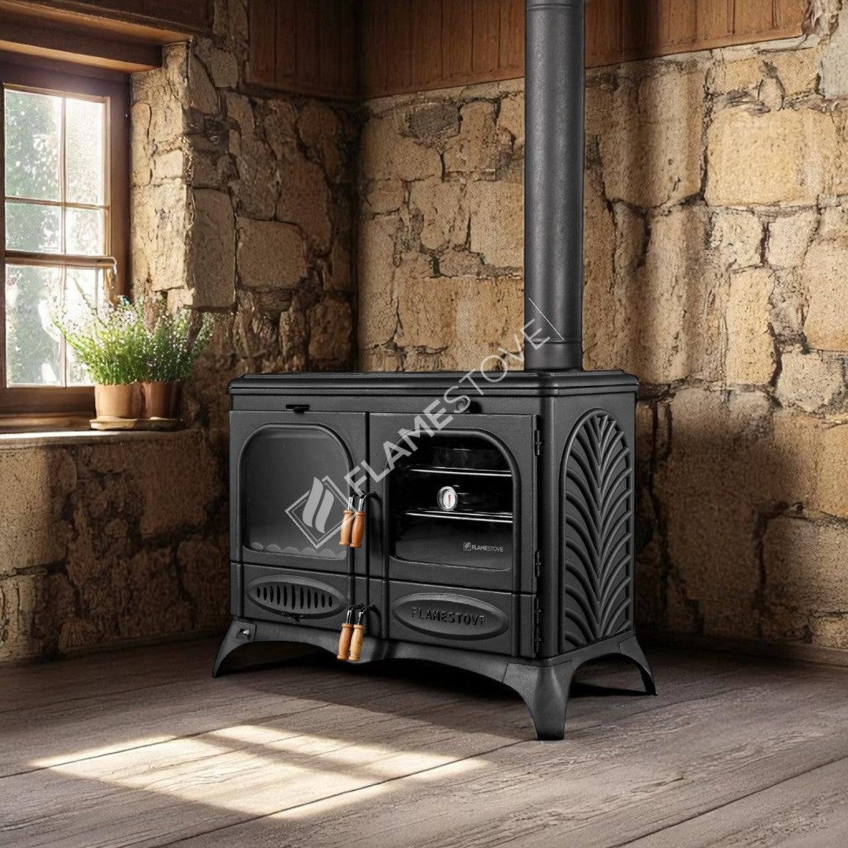 Palmiye Yatay 3 Katlı Döküm Kuzineli Soba: Çift Yanmalı – FLAME STOVE