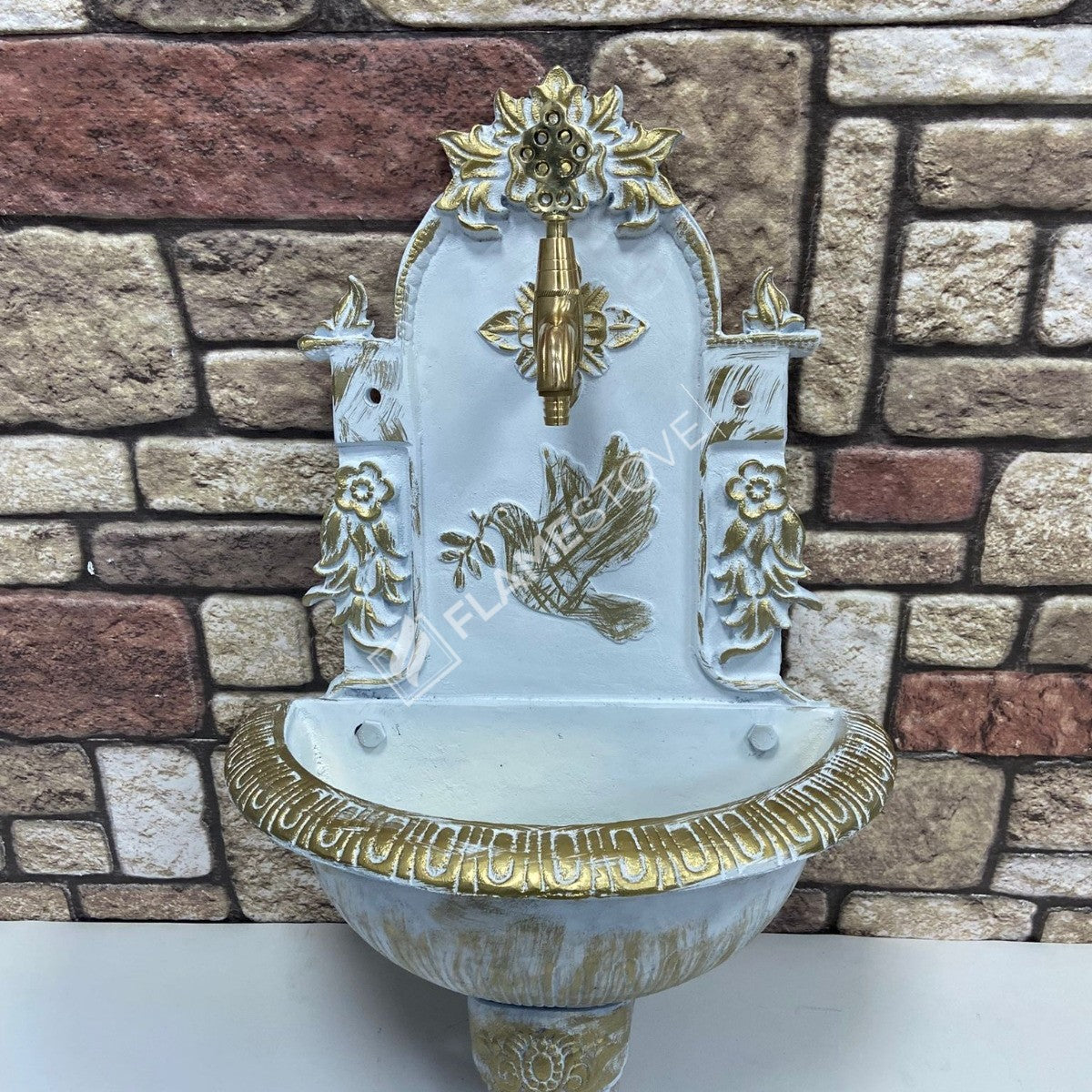 Kuş Desenli Beyaz Alüminyum Bahçe Çeşmesi, Pirinç Musluklu, Dayanıklı Dış Mekan