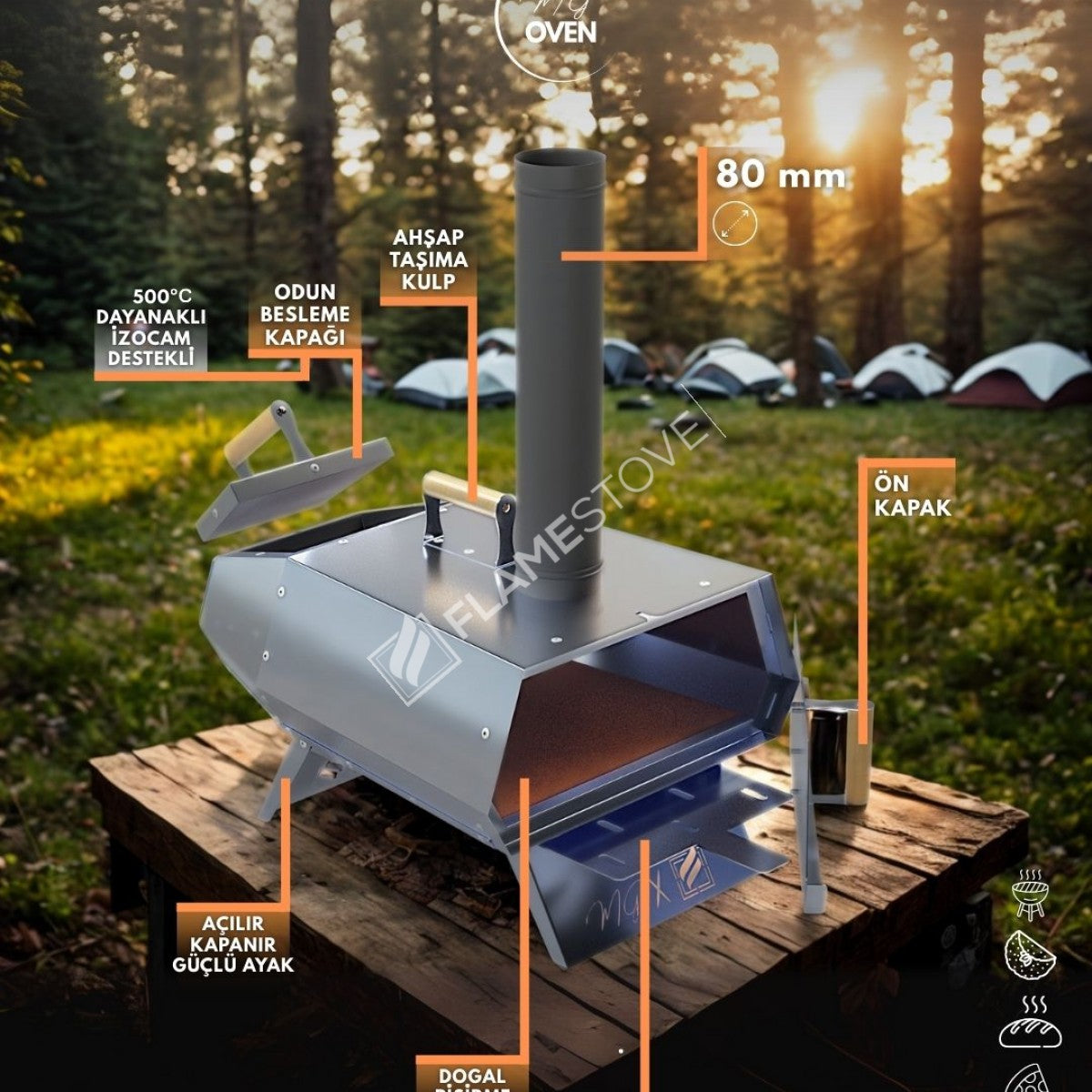 Flame Stove Taşınabilir Odunlu Pizza Fırını, Doğal Taşlı, Hızlı Pişiren, Çok Yönlü