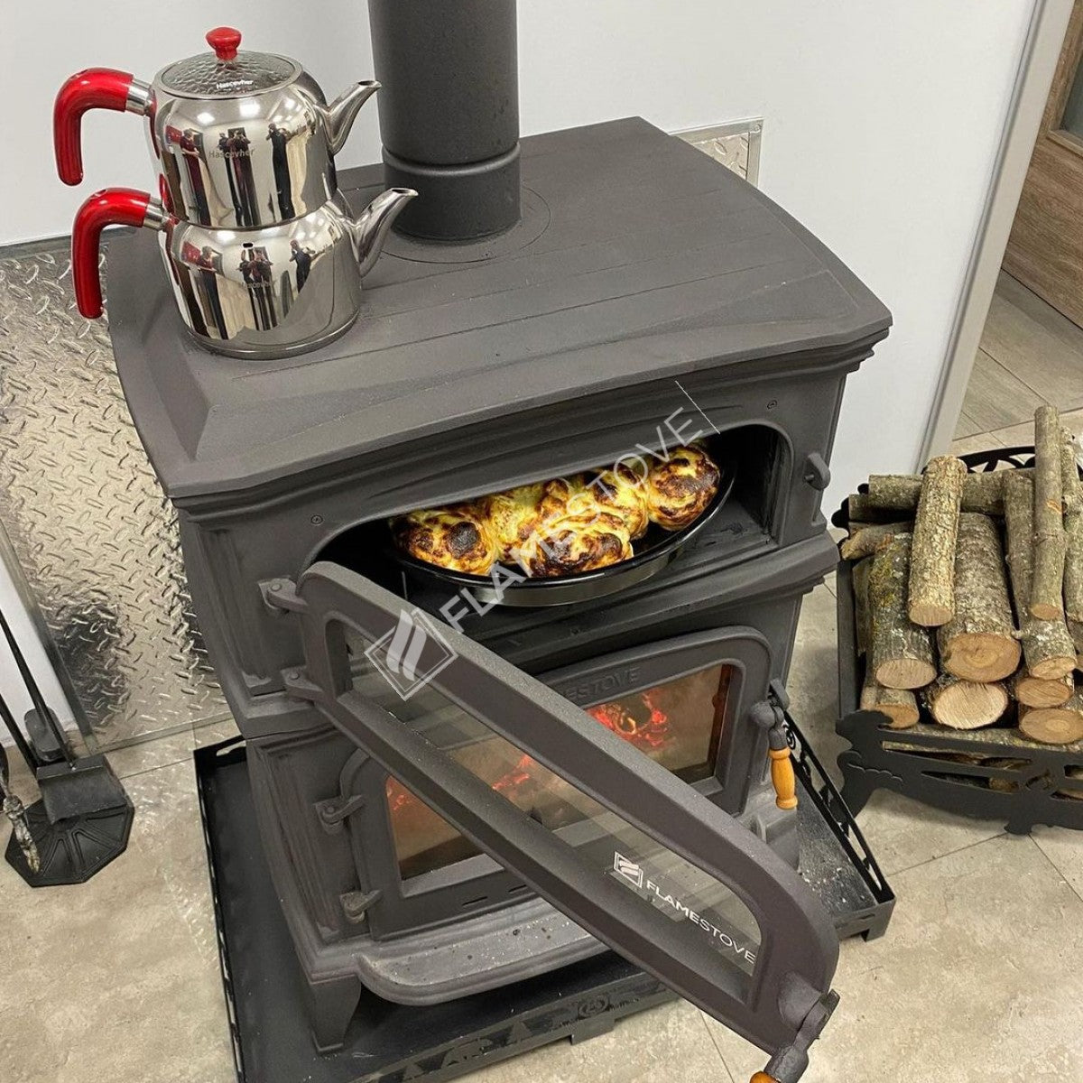 Döküm Soba Fırınlı, Çift Yanmalı, A Enerjili, Odun Kömür Sobası