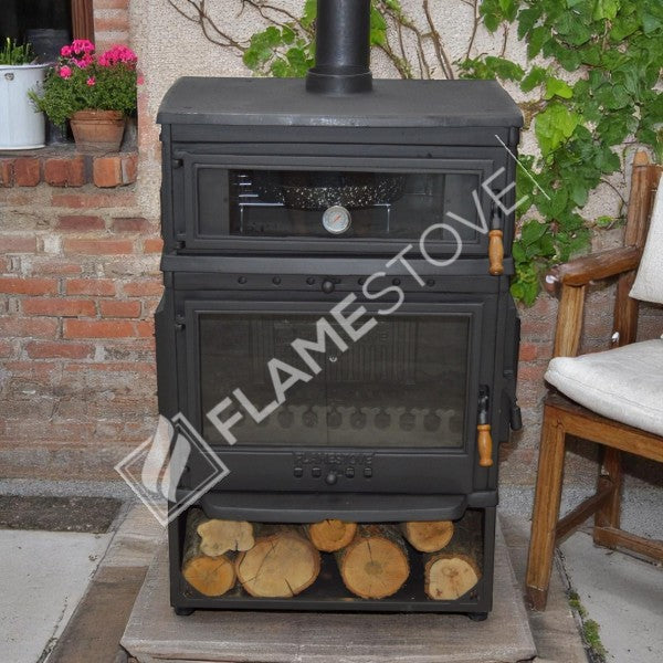 Retro Dik Fırınlı Odun Sobası, Yan Kapaklı, Çift Yanmalı, Schott Robax Camlı, 13 kW