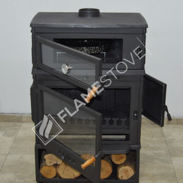 Retro Dik Fırınlı Odun Sobası, Yan Kapaklı, Çift Yanmalı, Schott Robax Camlı, 13 kW