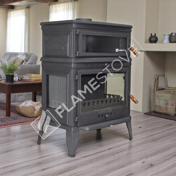 Flame Stove Retro Lux Yüksek Verimli Çift Yanmalı Odun Kömür Sobası Fırınlı Döküm