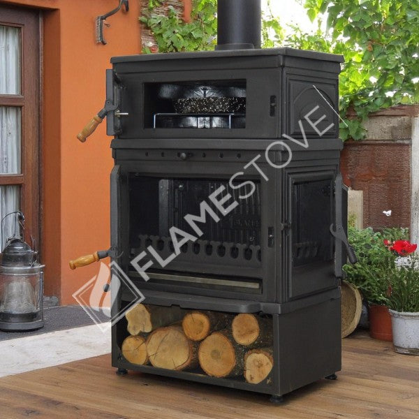 Retro Dik Fırınlı Odun Sobası, Yan Kapaklı, Çift Yanmalı, Schott Robax Camlı, 13 kW