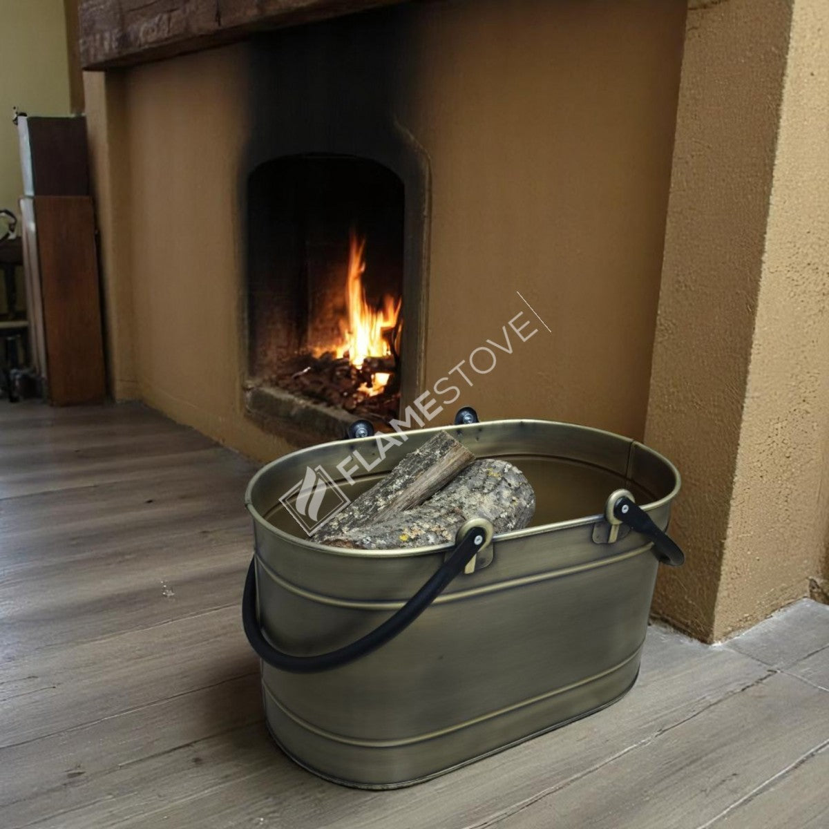 Çift Kulplu Gold Oval Odun Kovası, Dayanıklı Metal Şömine Odunluğu, Dekoratif ve Taşınabilir