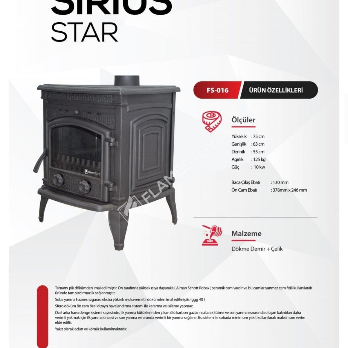 Flame Stove Sirius Star Yüksek Verimli Pik Döküm Odun Kömür Sobası