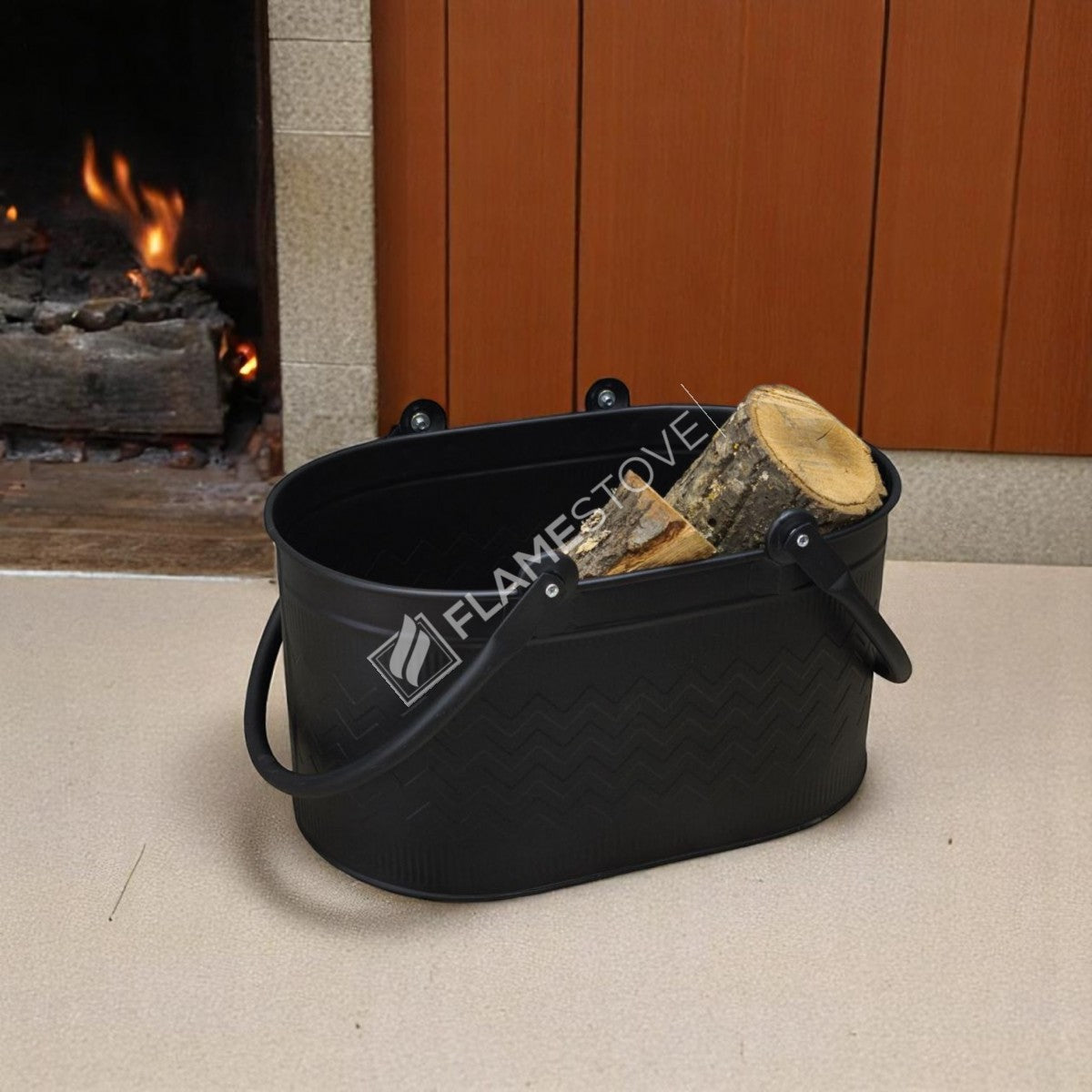 Dayanıklı Mat Siyah Oval Odun Kovası, Çift Kulplu, İç ve Dış Mekan Kullanımı