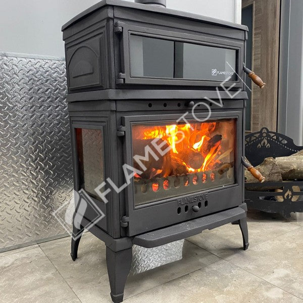 Flame Stove Retro Lux Yüksek Verimli Çift Yanmalı Odun Kömür Sobası Fırınlı Döküm