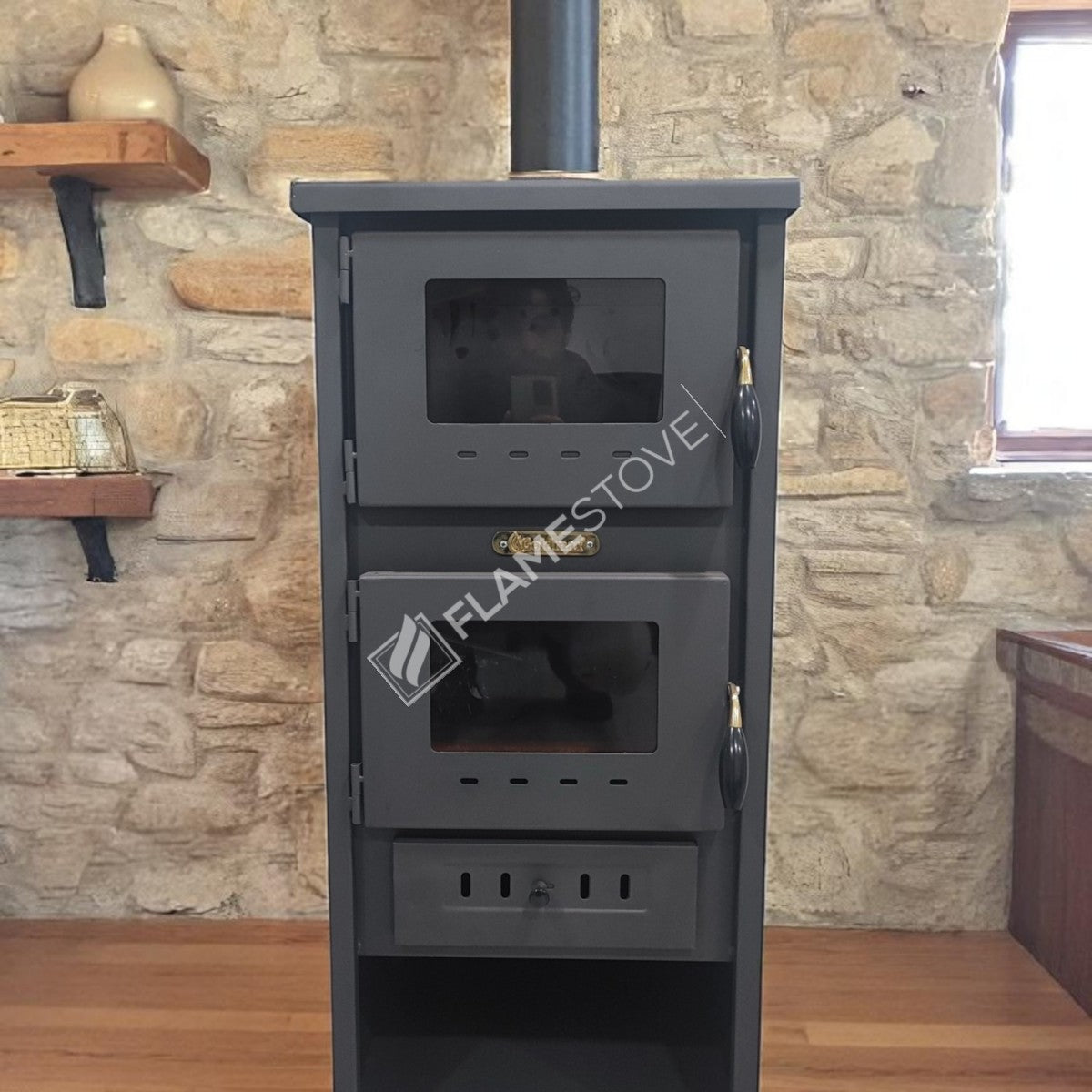 Flame Stove Yüksek Verimli Fırınlı Çelik Dış Yüzey Ateş Tuğlalı Soba Seti Maşa ve Odunluklu
