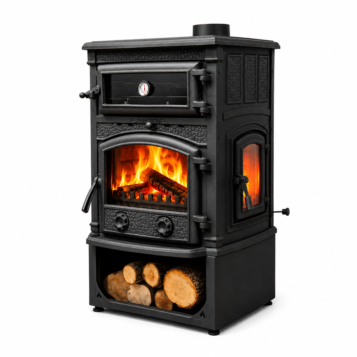 FS-011YKST Sirius Maxi Style YK Odunluklu Fırınlı 4 Camlı Döküm Soba | Yüksek Verimli Odun & Kömür Sobası, Schott Robax Camlı, Çift Yanmalı, 18.21 kW
