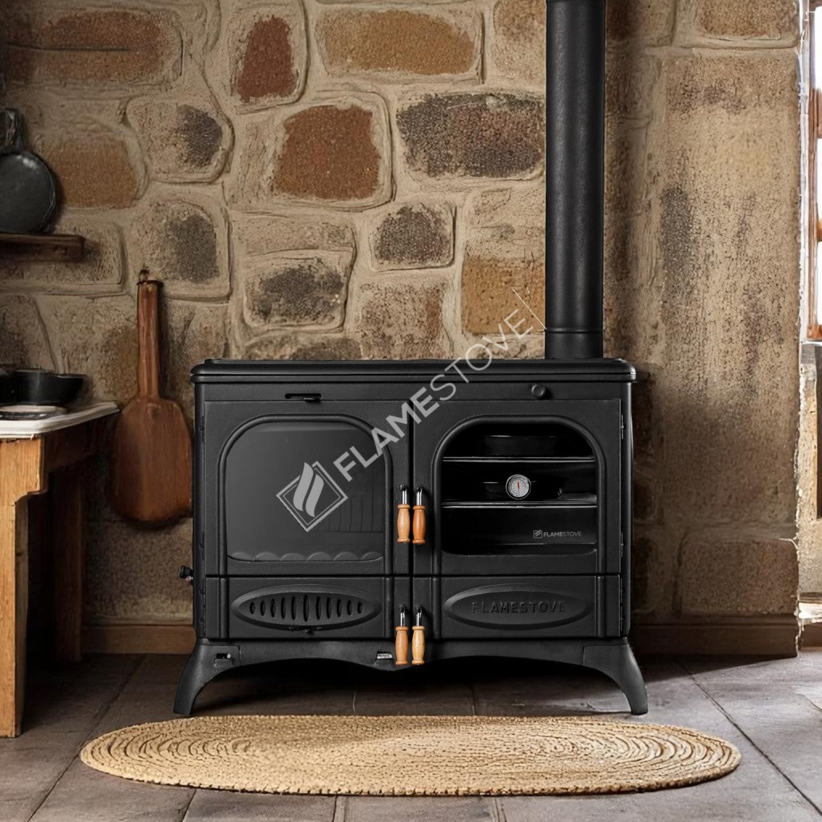 Palmiye Yatay 3 Katlı Döküm Kuzineli Soba: Yüksek Verimli, Çift Yanmalı, Schott Robax Camlı