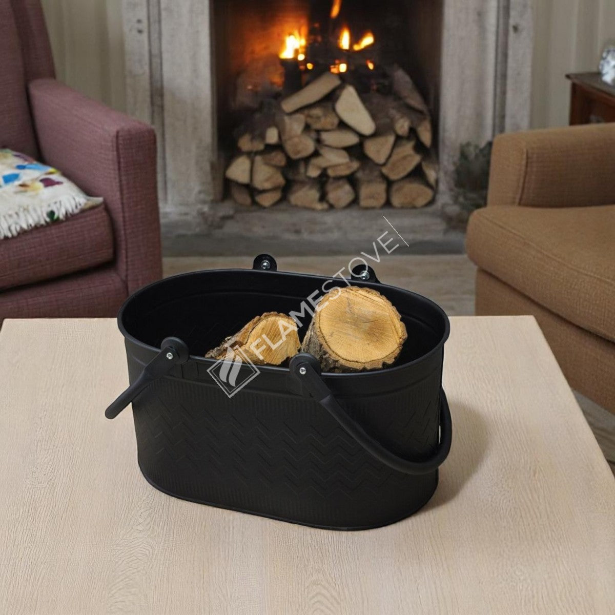 Dayanıklı Mat Siyah Oval Odun Kovası, Çift Kulplu, İç ve Dış Mekan Kullanımı