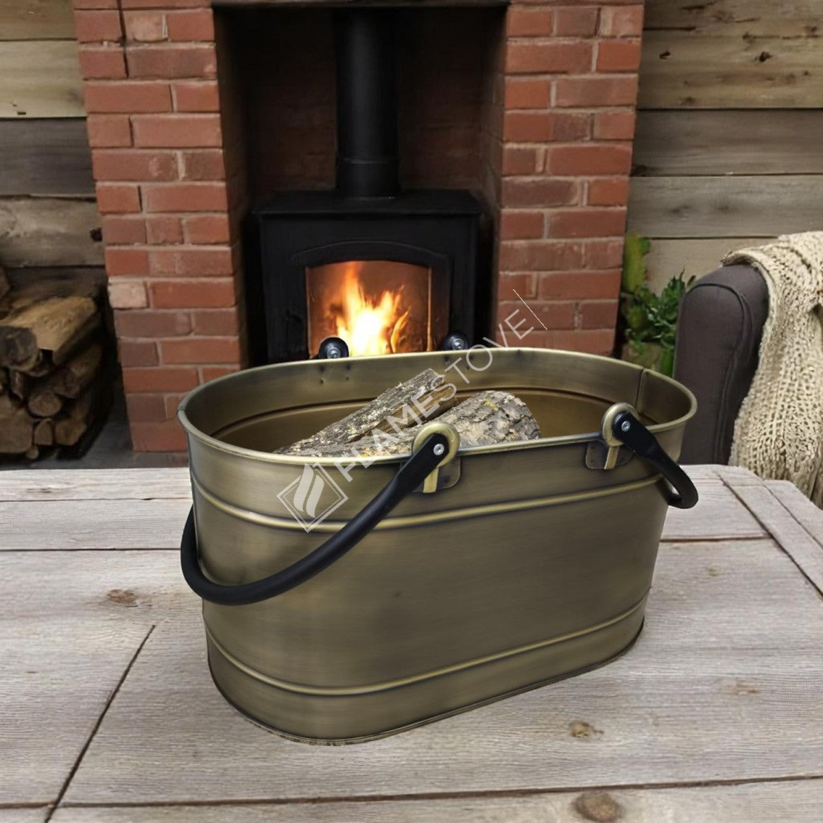 Çift Kulplu Gold Oval Odun Kovası, Dayanıklı Metal Şömine Odunluğu, Dekoratif ve Taşınabilir