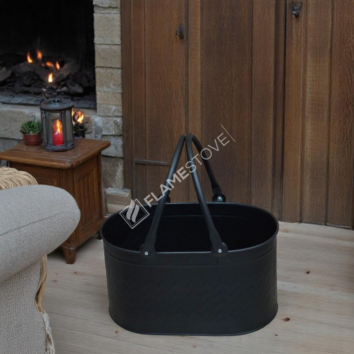 Dayanıklı Mat Siyah Oval Odun Kovası, Çift Kulplu, İç ve Dış Mekan Kullanımı