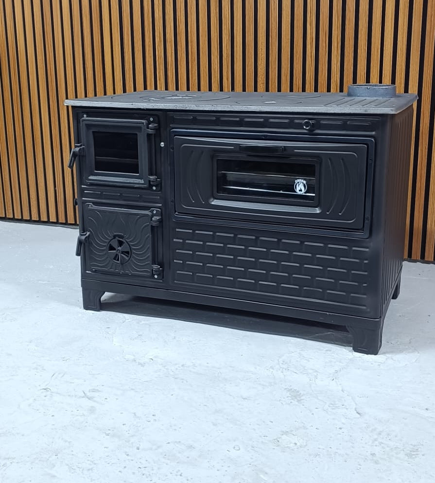FS-329 Mat Siyah 47'lik Döküm Tuğlalı Kuzine Soba | Emaye | Geniş Kuzine
