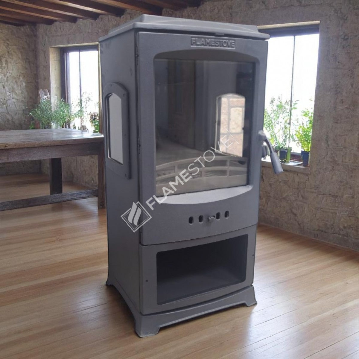 Flame Stove Lodi Yan Camlı Çift Yanmalı A Sınıfı Odunluklu Çelik Şömine Soba