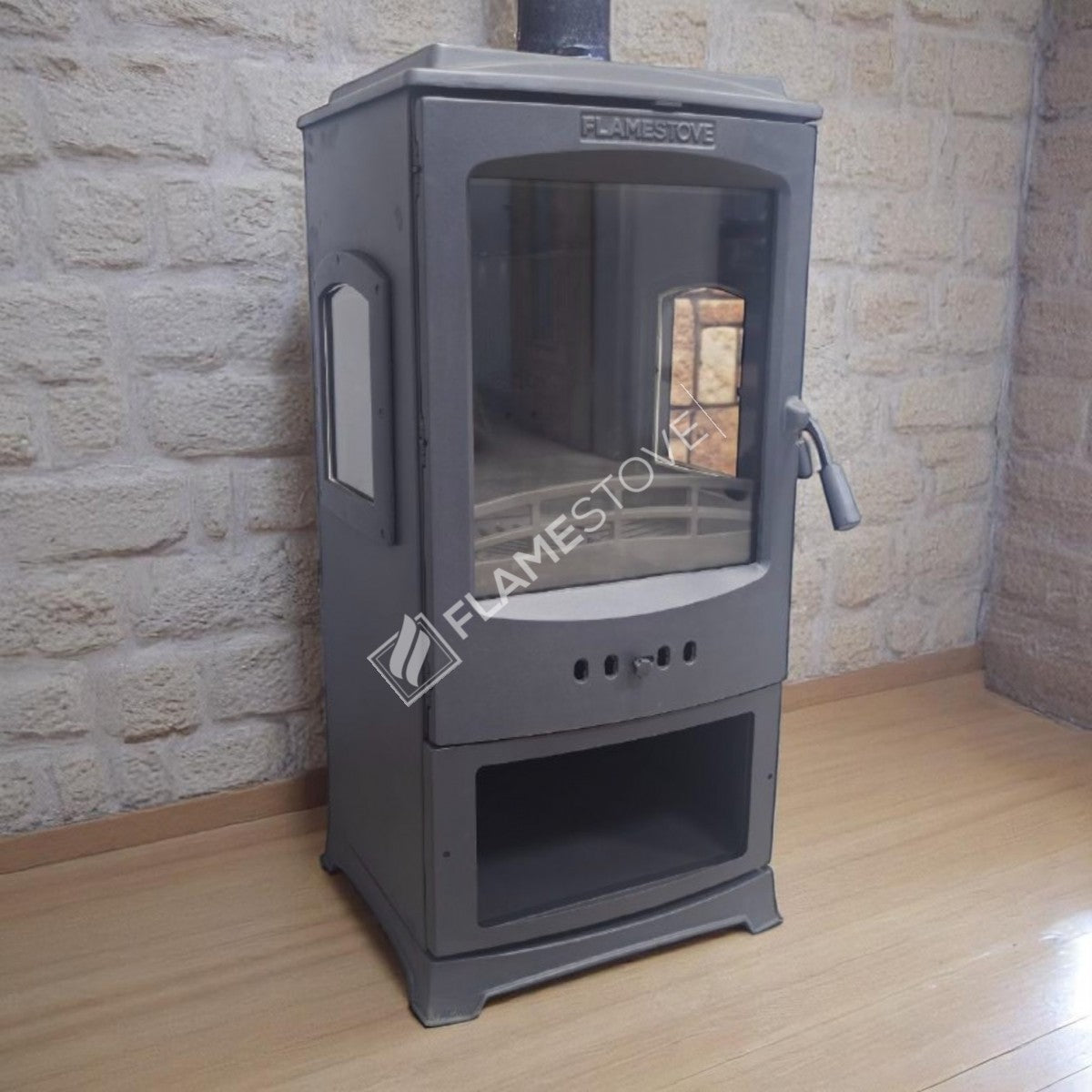 Flame Stove Lodi Yan Camlı Çift Yanmalı A Sınıfı Odunluklu Çelik Şömine Soba