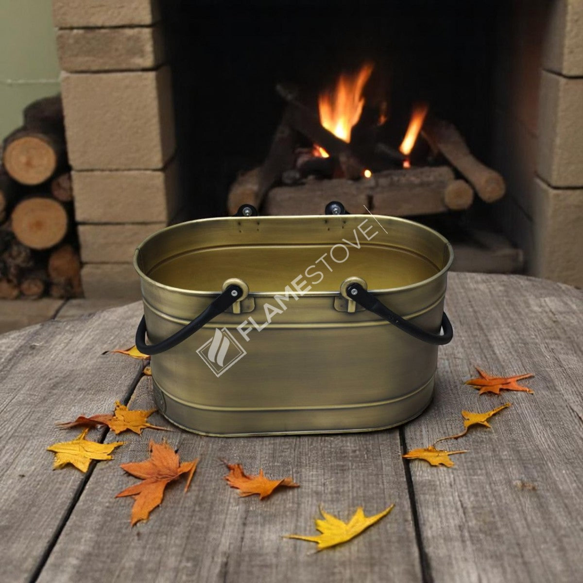 Çift Kulplu Gold Oval Odun Kovası, Dayanıklı Metal Şömine Odunluğu, Dekoratif ve Taşınabilir