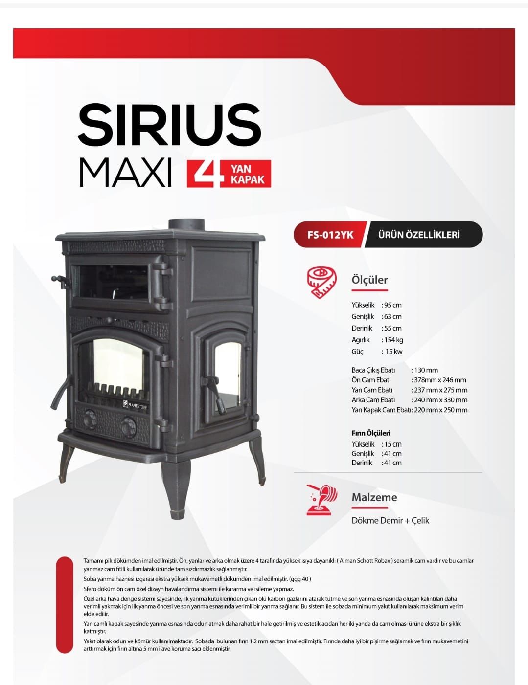 FS-012YK Flame Stove Sirius Maxi Fırınlı Döküm Odun Kömür Sobası Yüksek Verimli