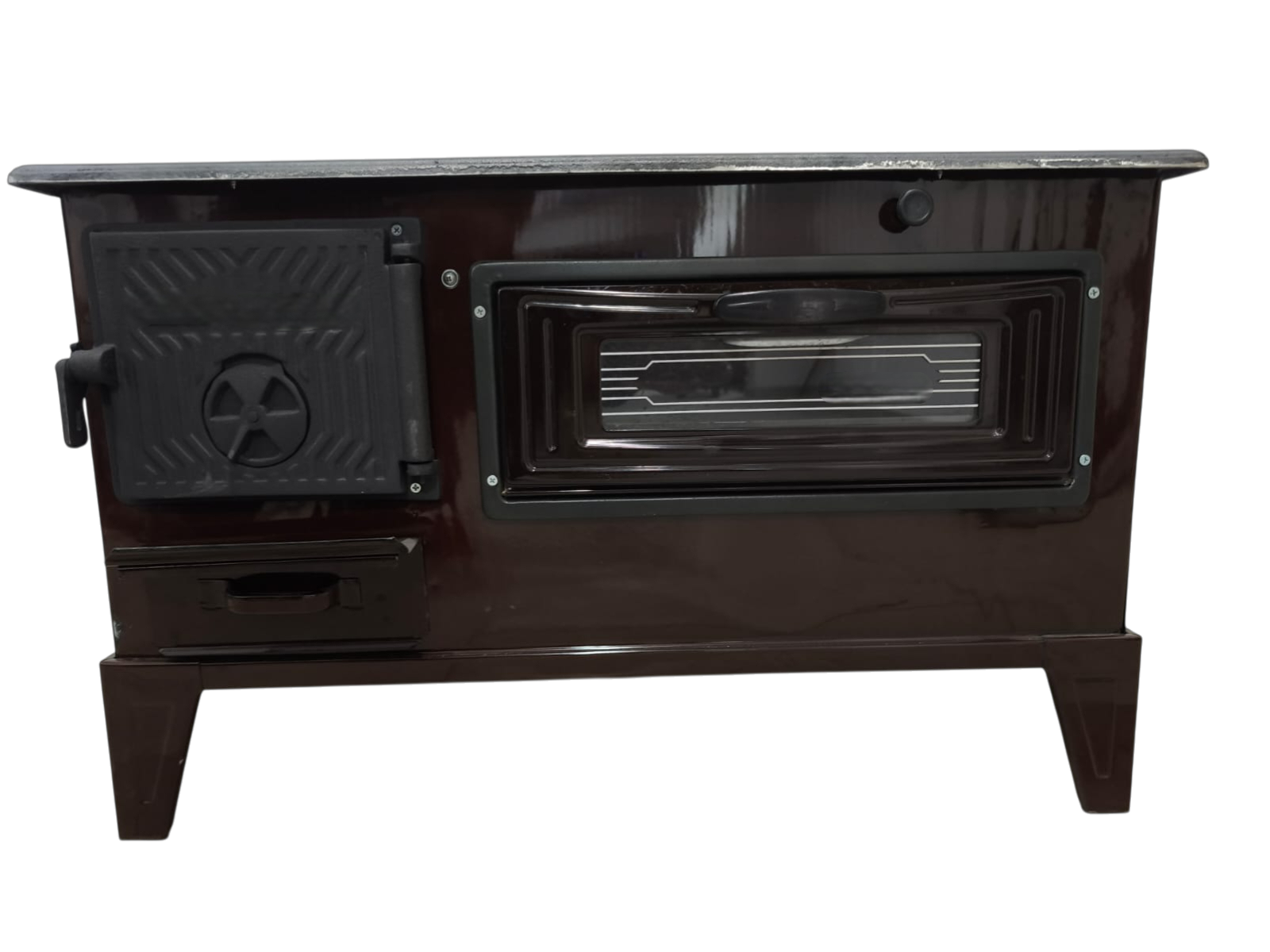 FS-321 - 40’lık Kare Çıkmalı Kuzine Soba | Fırınlı Döküm Kuzine | Emayeli Kahverengi Kuzine Soba