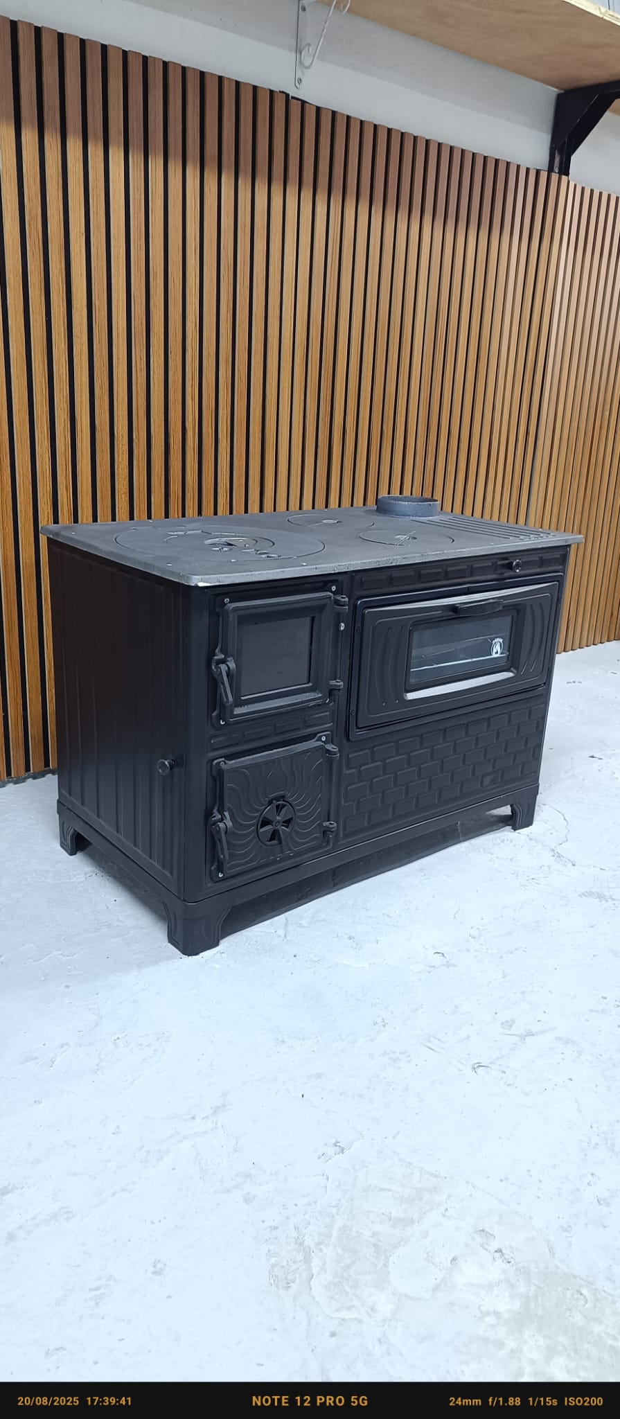 FS-329 Mat Siyah 47'lik Döküm Tuğlalı Kuzine Soba | Emaye | Geniş Kuzine