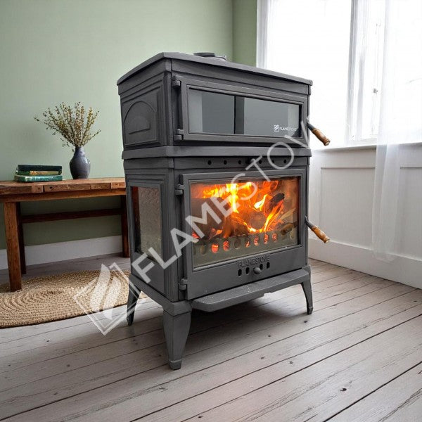 Flame Stove Retro Lux Yüksek Verimli Çift Yanmalı Odun Kömür Sobası Fırınlı Döküm