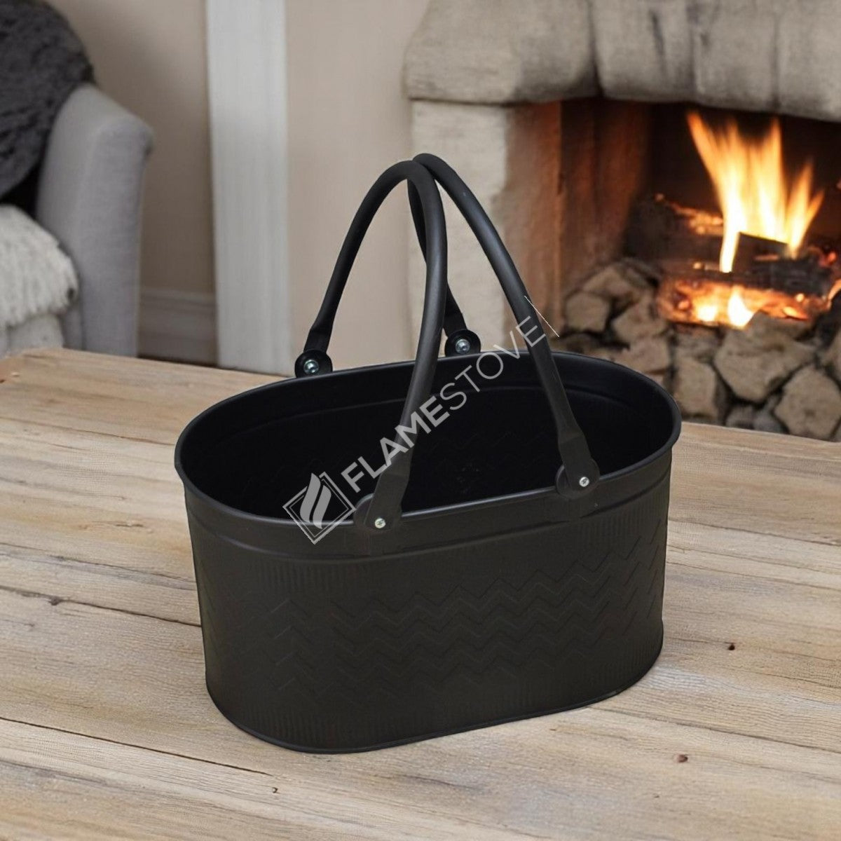 Dayanıklı Mat Siyah Oval Odun Kovası, Çift Kulplu, İç ve Dış Mekan Kullanımı