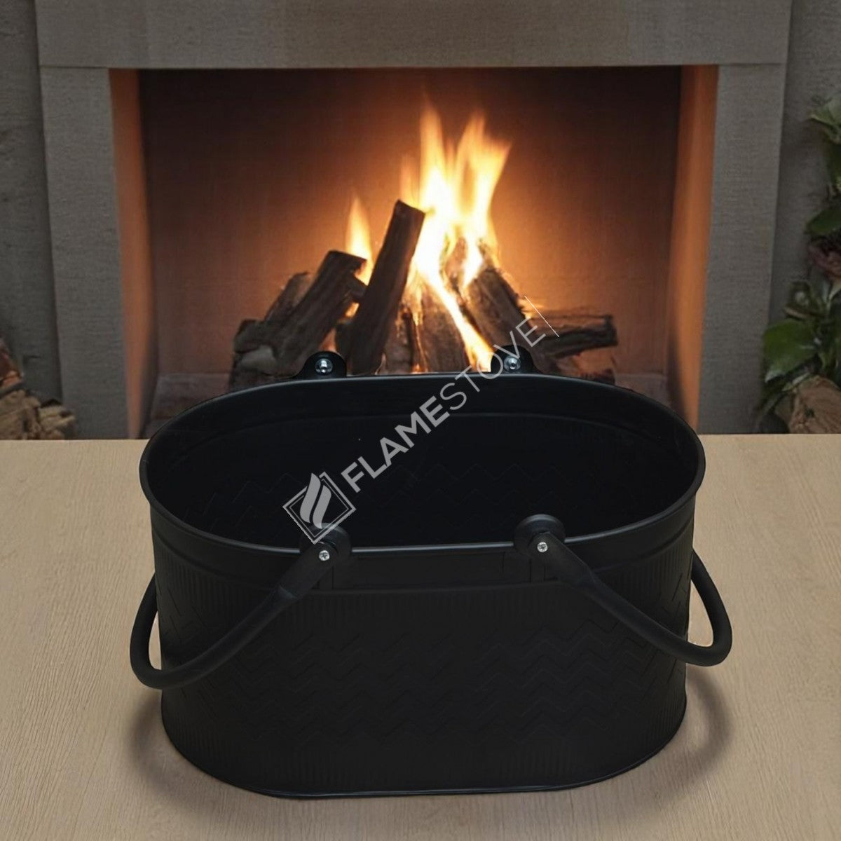 Dayanıklı Mat Siyah Oval Odun Kovası, Çift Kulplu, İç ve Dış Mekan Kullanımı