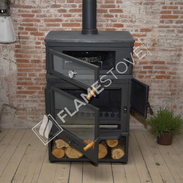 Retro Dik Fırınlı Odun Sobası, Yan Kapaklı, Çift Yanmalı, Schott Robax Camlı, 13 kW