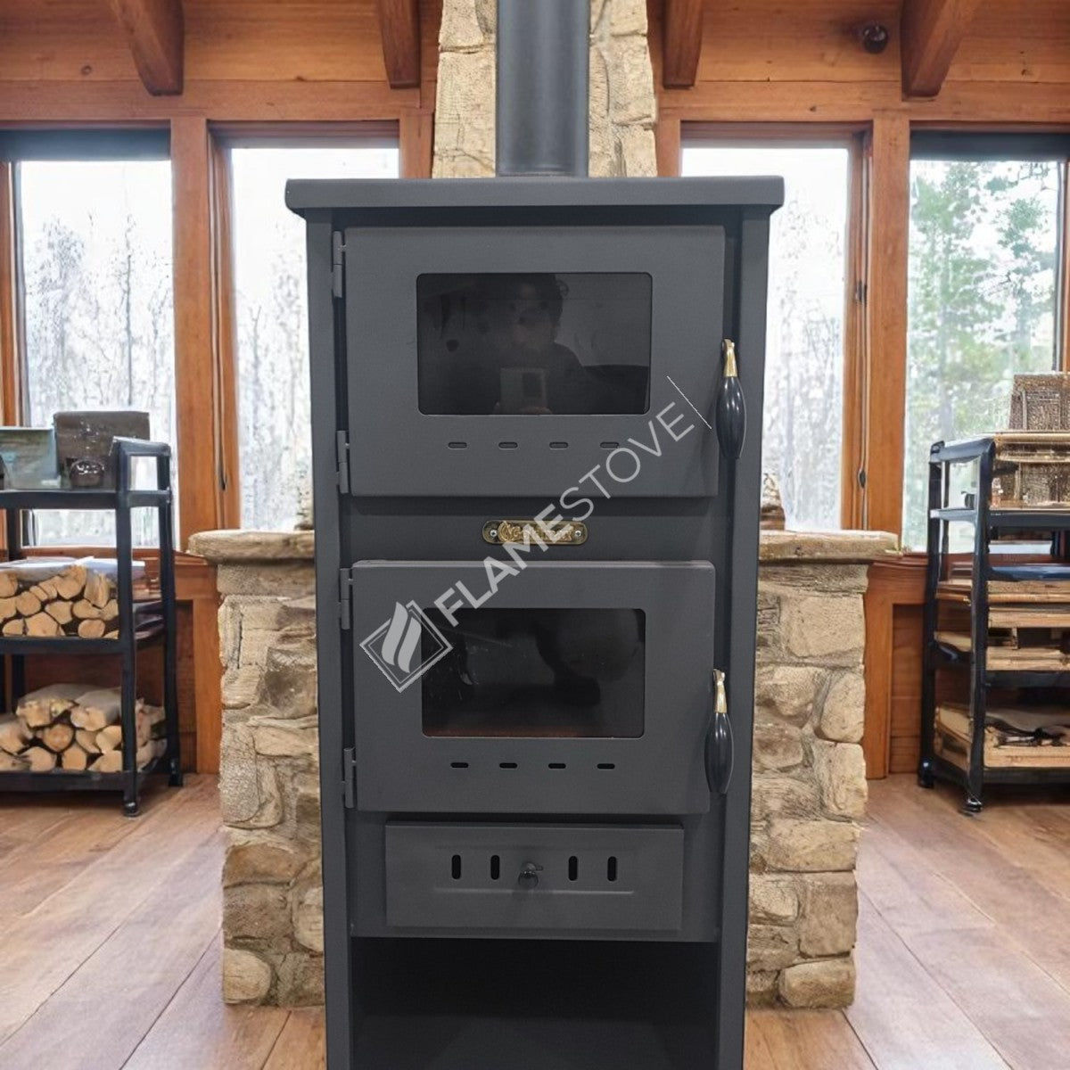Flame Stove Yüksek Verimli Fırınlı Çelik Dış Yüzey Ateş Tuğlalı Soba Seti Maşa ve Odunluklu