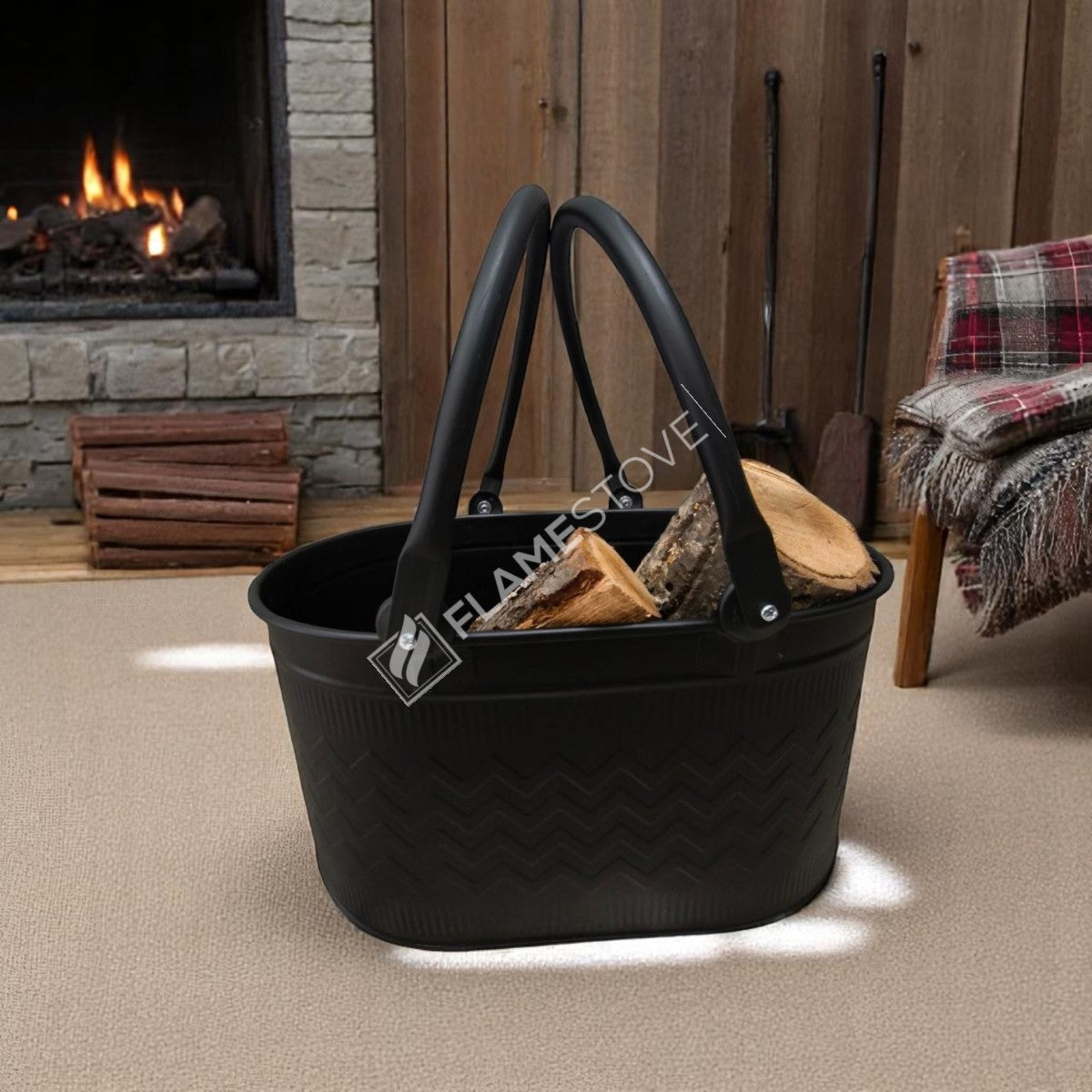 Dayanıklı Mat Siyah Oval Odun Kovası, Çift Kulplu, İç ve Dış Mekan Kullanımı