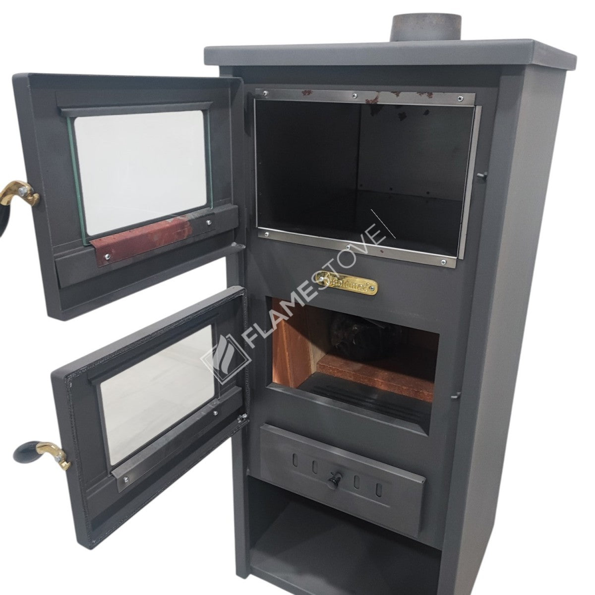 Flame Stove Yüksek Verimli Fırınlı Çelik Dış Yüzey Ateş Tuğlalı Soba Seti Maşa ve Odunluklu