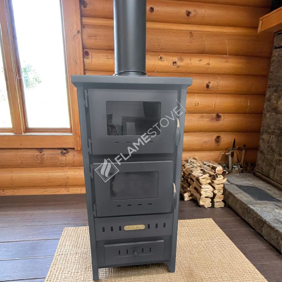 Flame Stove S3 Çelik Fırınlı Soba: Ateş Tuğlalı, Maşa, Odunluk Seti