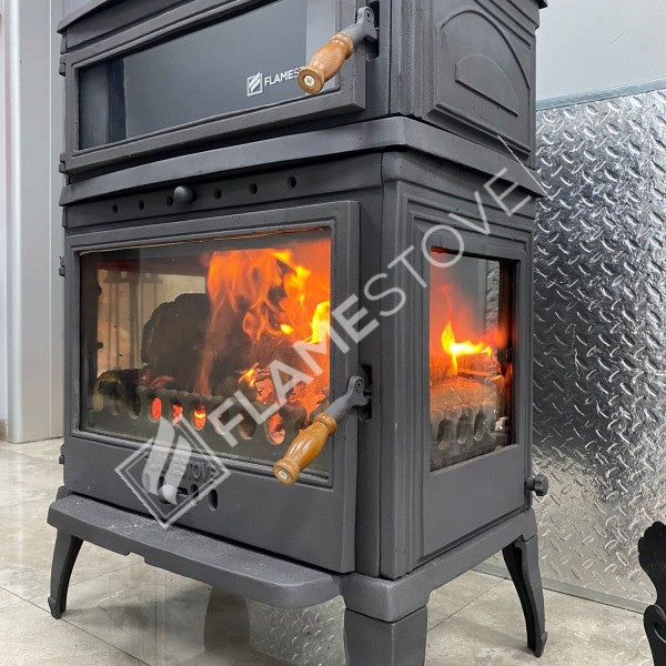 Flame Stove Retro Lux Yüksek Verimli Çift Yanmalı Odun Kömür Sobası Fırınlı Döküm