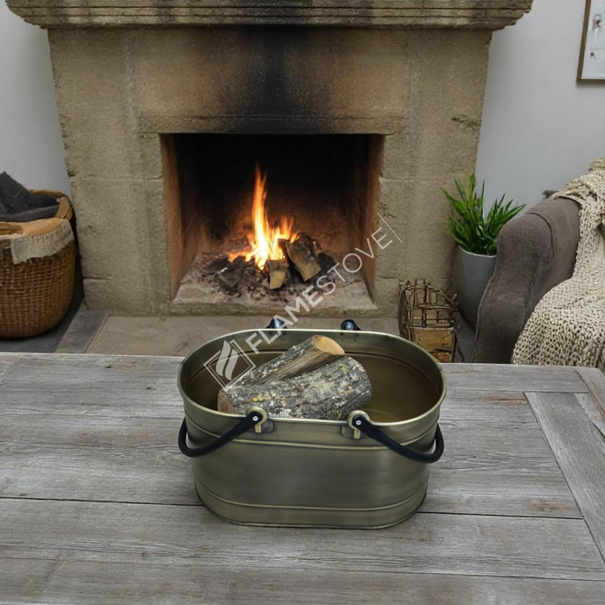 Çift Kulplu Gold Oval Odun Kovası, Dayanıklı Metal Şömine Odunluğu, Dekoratif ve Taşınabilir