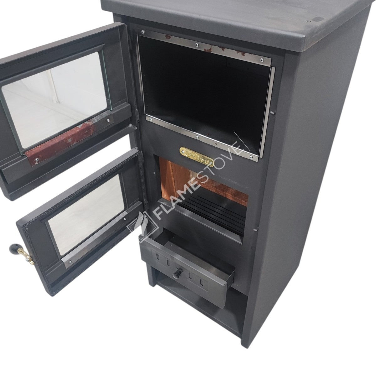 Flame Stove Yüksek Verimli Fırınlı Çelik Dış Yüzey Ateş Tuğlalı Soba Seti Maşa ve Odunluklu