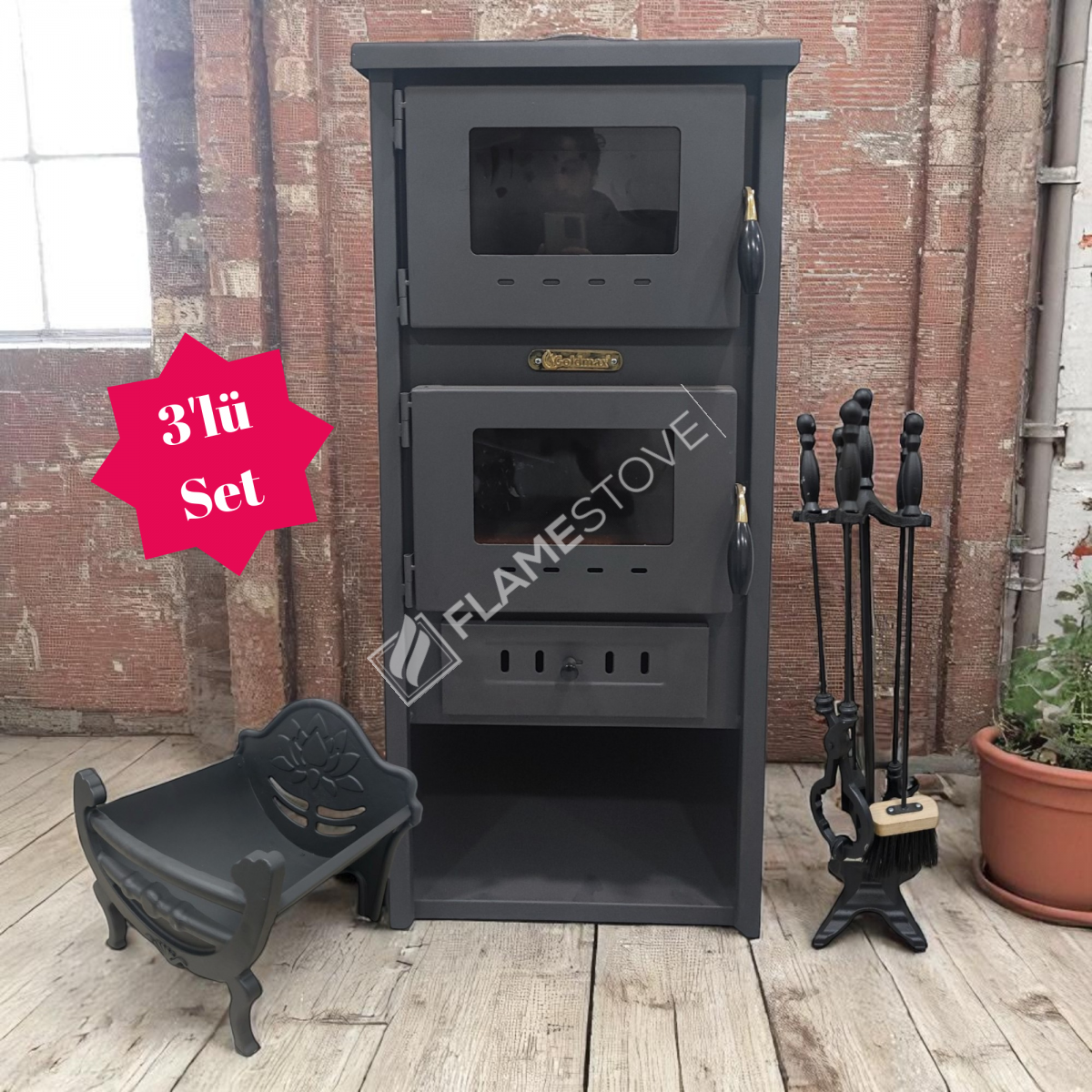 Üçlü Set Çelik Dış Yüzey Ateş Tuğlalı Fırınlı Odunluklu Soba Maşa Takımı