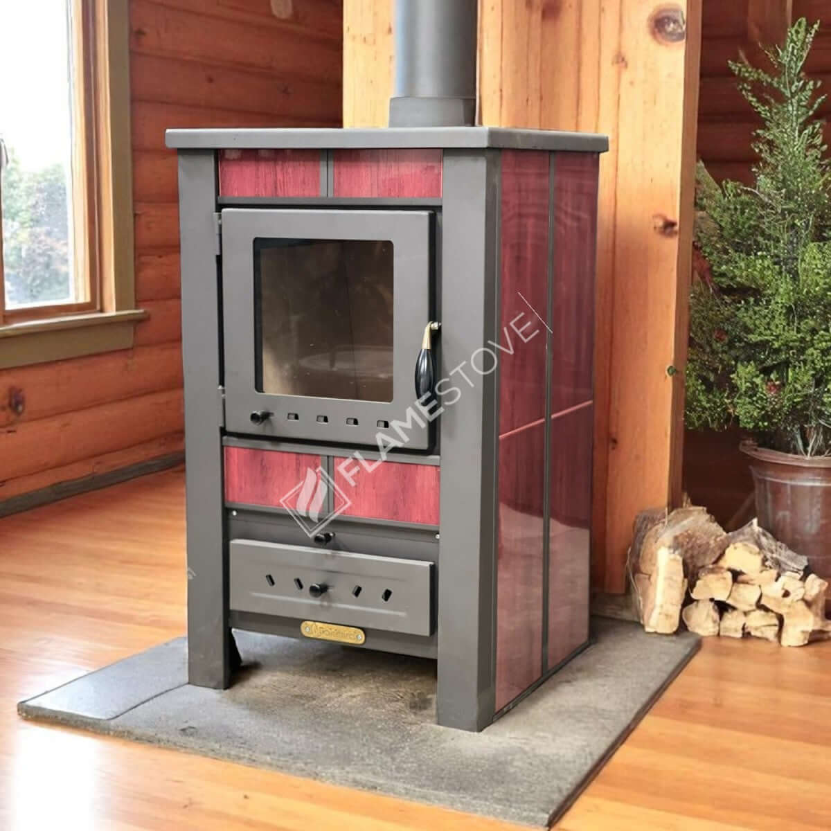 Yüksek Verimli Çelik Dış Yüzey Ateş Tuğlalı Soba, Alüminyum Maşa Takımı Odunluk Seti