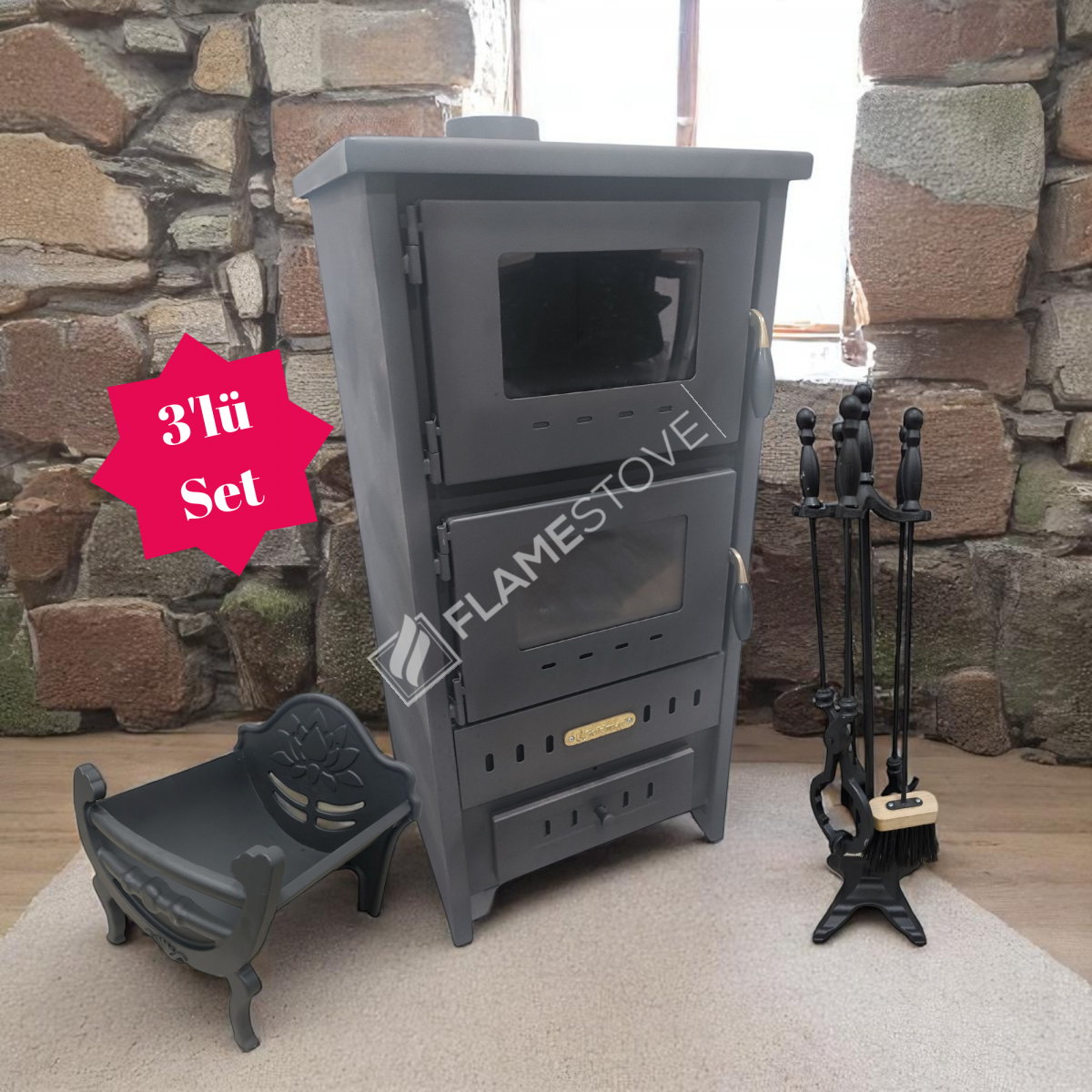 Flame Stove S3 Çelik Fırınlı Soba: Ateş Tuğlalı, Maşa, Odunluk Seti