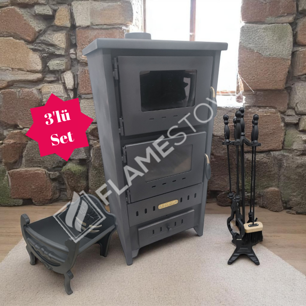Flame Stove S3 Çelik Dış Yüzey Ateş Tuğlalı Fırınlı Soba, Maşa ve Odunluk