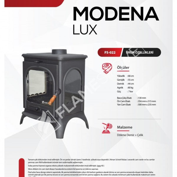 Modena Lux 3 Camlı Döküm Soba: Yüksek Verimli, Kül Boşaltmalı, 8 kW