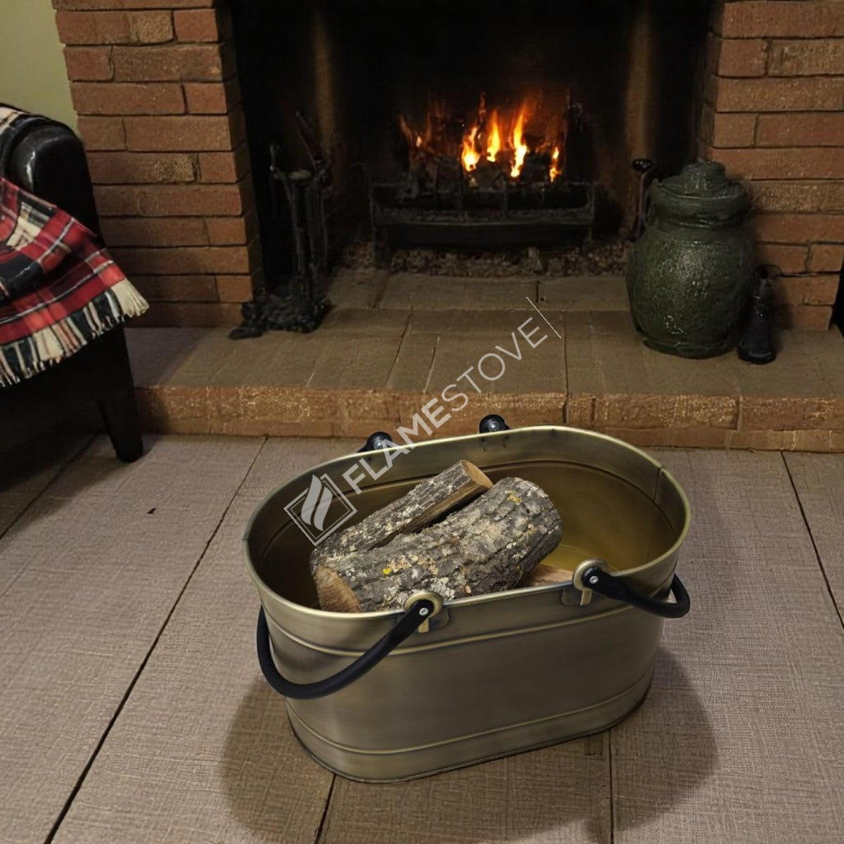 Çift Kulplu Gold Oval Odun Kovası, Dayanıklı Metal Şömine Odunluğu, Dekoratif ve Taşınabilir