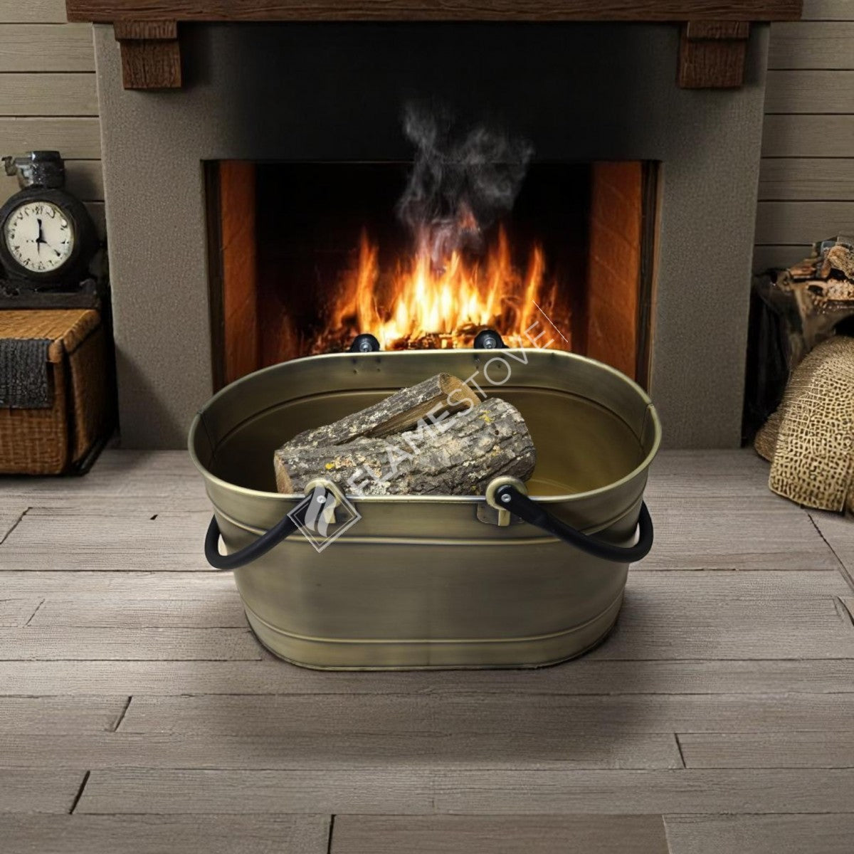 Çift Kulplu Gold Oval Odun Kovası, Dayanıklı Metal Şömine Odunluğu, Dekoratif ve Taşınabilir