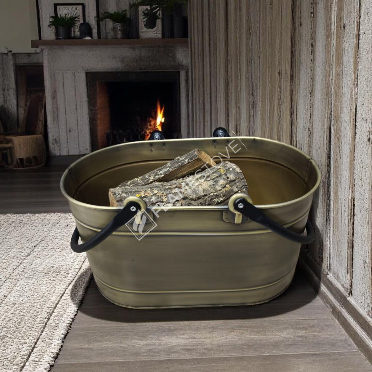 Çift Kulplu Gold Oval Odun Kovası, Dayanıklı Metal Şömine Odunluğu, Dekoratif ve Taşınabilir