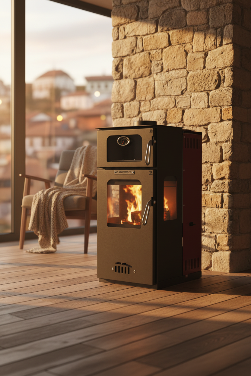 FS-295 Mini Hybrid Lüx Gurme Çelik Soba | Fırınlı | 3 Camlı | Pelet ve Odun Yakıtlı