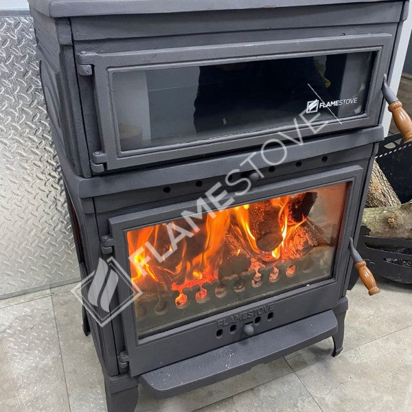 Flame Stove Retro Lux Yüksek Verimli Çift Yanmalı Odun Kömür Sobası Fırınlı Döküm